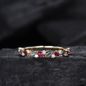 Vintage Alexandrite Ruby Eternity Wedding Band Women Unique Baguette Alexandrite Stackable Ring Marquise Ruby Matching Band Anniversary Gift