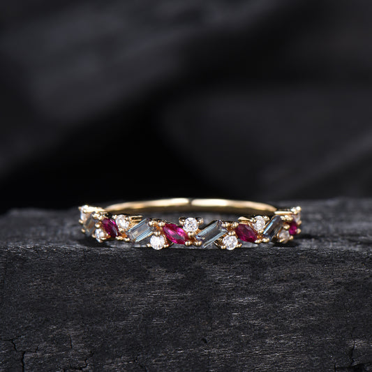 Vintage Alexandrite Ruby Eternity Wedding Band Women Unique Baguette Alexandrite Stackable Ring Marquise Ruby Matching Band Anniversary Gift
