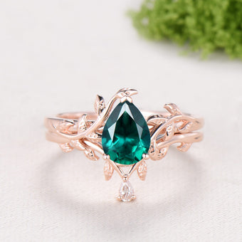 1.25CT Pear Emerald Wedding Ring Set - Nature Inspired Leaf Vine Solitaire Band