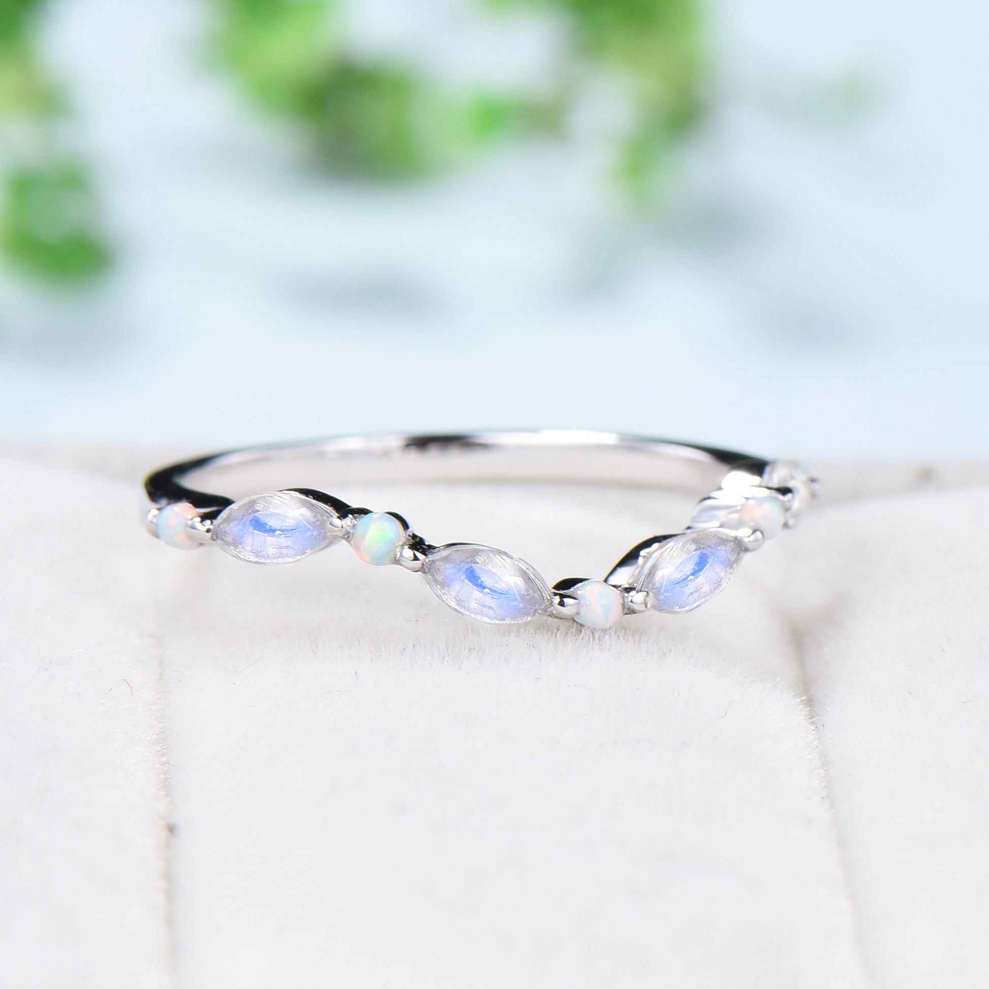 Vintage Curved Moonstone Opal Wedding Band Marquise Cut Crown wedding ring Unique Stacking matching ring Bridal ring Anniversary band - PENFINE
