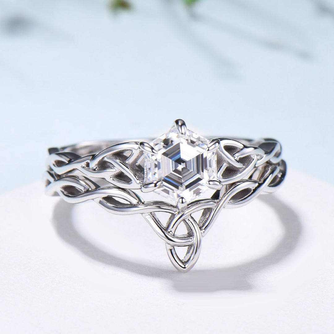 Norse Viking Hexagon Moissanite Ring Set Celtic Love Knot Moissanite Engagement Ring White Gold Unique Twisted Wedding Ring Set For Women - PENFINE