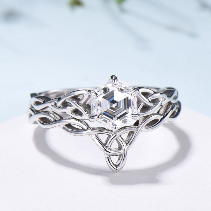 Norse Viking Hexagon Moissanite Ring Set Celtic Love Knot Moissanite Engagement Ring White Gold Unique Twisted Wedding Ring Set For Women - PENFINE