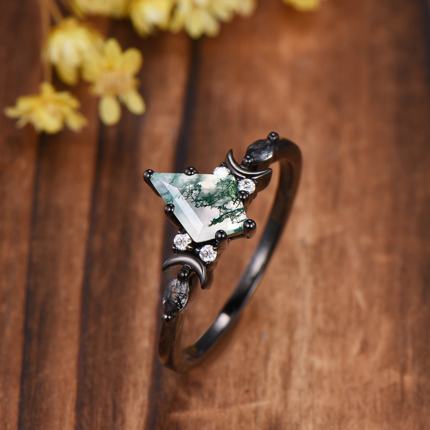 Kite Cut Moss Agate Moon Engagement Ring: Black Gold Accent Black Rutilated Quartz Band