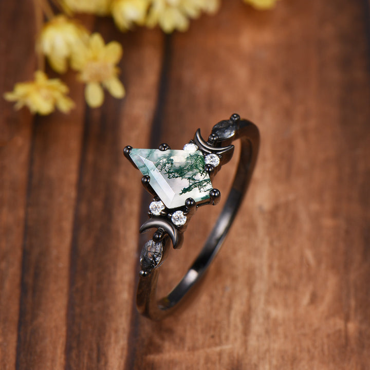 Kite Cut Moss Agate Moon Engagement Ring: Black Gold Accent Black Rutilated Quartz Band