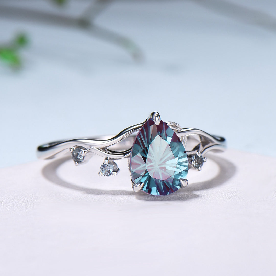 Unique Pear Shaped Firework Cut Alexandrite Engagement Ring, Nature Inspired Leaf Twig Gold Ring - PENFINE