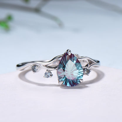 Unique Pear Shaped Firework Cut Alexandrite Engagement Ring, Nature Inspired Leaf Twig Gold Ring - PENFINE