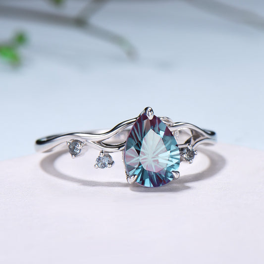 Unique Pear Shaped Firework Cut Alexandrite Engagement Ring, Nature Inspired Leaf Twig Gold Ring - PENFINE