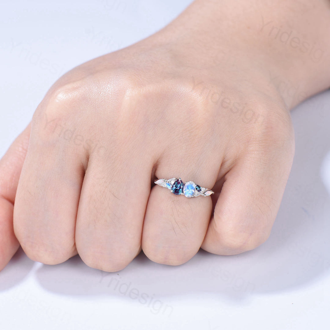 Toi et Moi Moonstone & Alexandrite Engagement Ring | Pear and Oval Cut - PENFINE