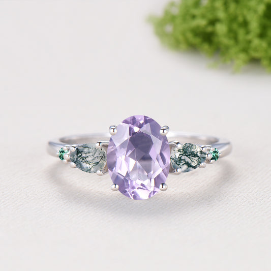 1.5 Carat Oval Natural Lavender Amethyst Engagement Ring Set, Pear Moss Agate & Emerald Wedding Band, Fire Opal Stacking Band