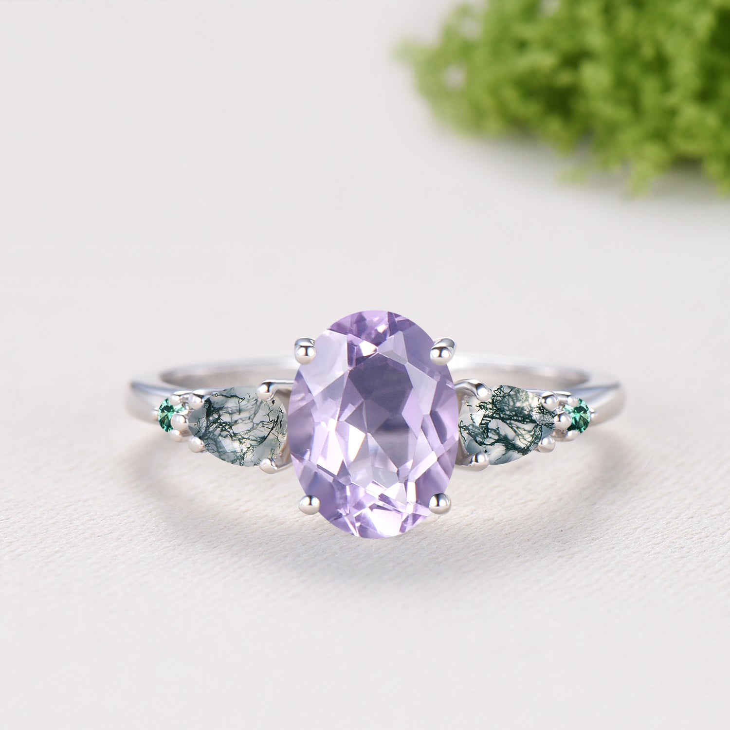 1.5 Carat Oval Natural Lavender Amethyst Engagement Ring Set, Pear Moss Agate & Emerald Wedding Band, Fire Opal Stacking Band