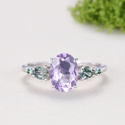 1.5 Carat Oval Natural Lavender Amethyst Engagement Ring Set, Pear Moss Agate & Emerald Wedding Band, Fire Opal Stacking Band