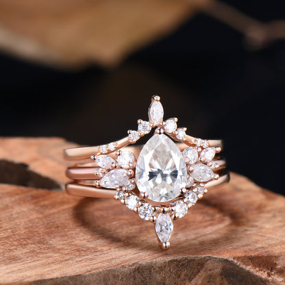 3pcs Moissanite Bridal Set 1.25CT Teardrop Shaped Moissanite Engagement Ring 14k Rose Gold Curved Wedding Band Anniversary Gifts For Women - PENFINE