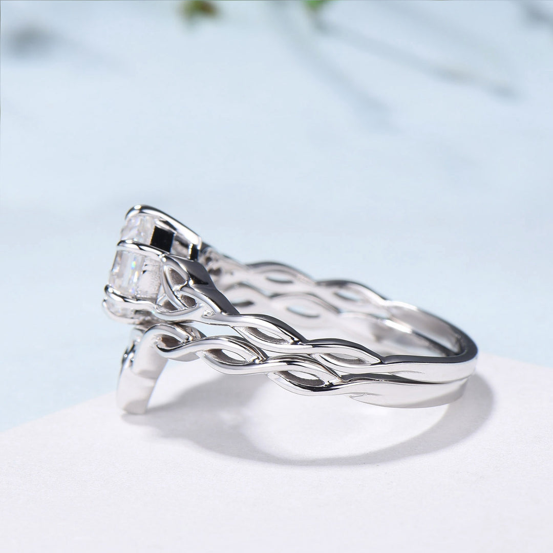Norse Viking Hexagon Moissanite Ring Set Celtic Love Knot Moissanite Engagement Ring White Gold Unique Twisted Wedding Ring Set For Women - PENFINE