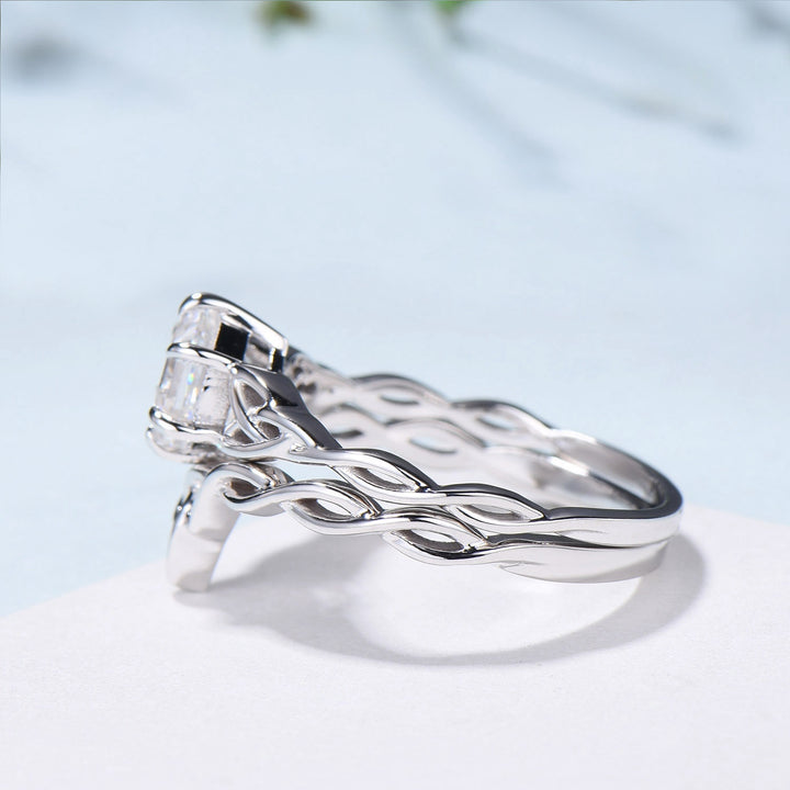 Norse Viking Hexagon Moissanite Ring Set Celtic Love Knot Moissanite Engagement Ring White Gold Unique Twisted Wedding Ring Set For Women - PENFINE