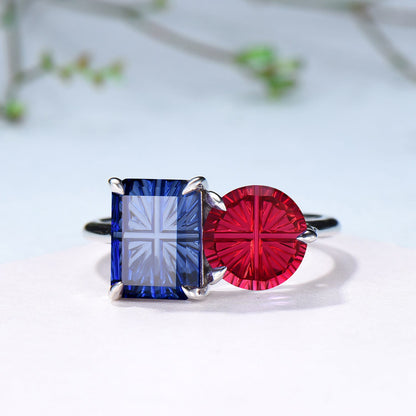 Starburst Cut Toi et Moi Engagement Ring  Emerald Red Ruby and Round Blue Sapphire Promise Ring