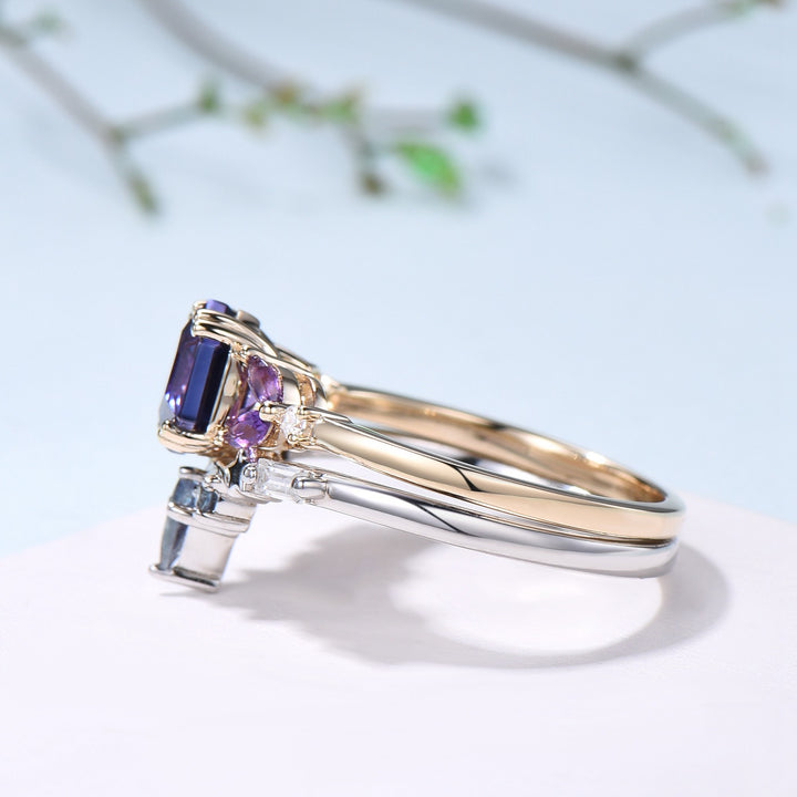 Unique Hexagon Purple Sapphire engagement ring set- moon star curved alexandrite wedding band - PENFINE