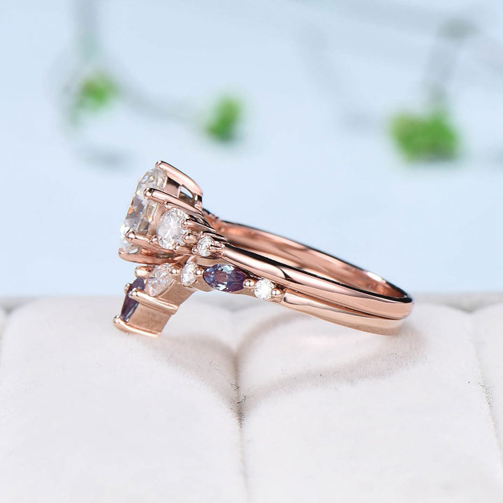 Hexagon moissanite engagement ring set art deco rose gold unique vintage engagement ring pear moissanite kite alexandrite wedding ring set - PENFINE