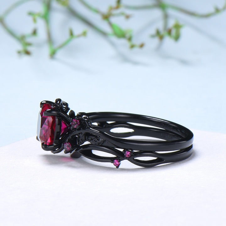 Unique gothic cushion cut ruby wedding ring set black gold natural inspired ruby engagement ring for women unique July birthstone bridal set - PENFINE