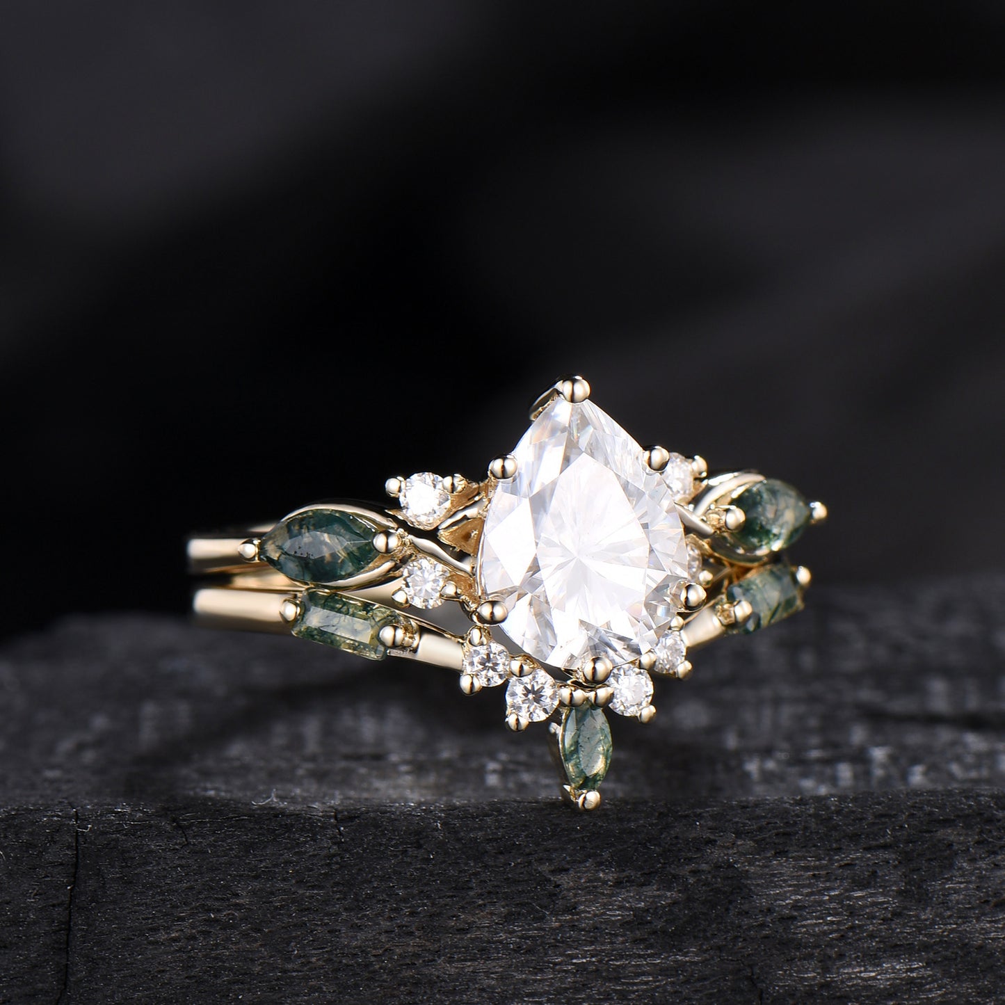 Vintage Pear Shaped Lab Grown Diamond Engagement Ring Set Marquise Moss Agate Wedding Ring Set
