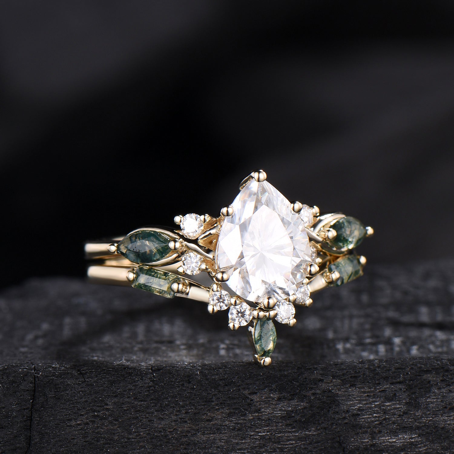 Vintage Pear Shaped Lab Grown Diamond Engagement Ring Set Marquise Moss Agate Wedding Ring Set