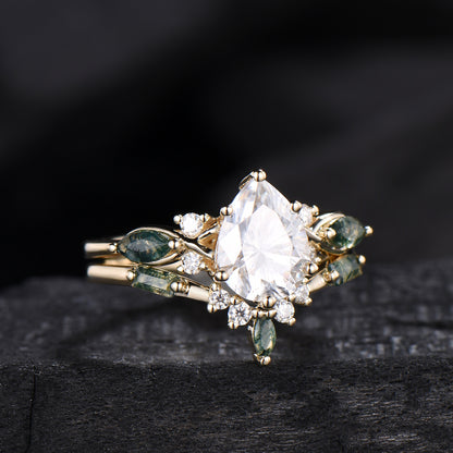 Vintage Pear Shaped Lab Grown Diamond Engagement Ring Set Marquise Moss Agate Wedding Ring Set