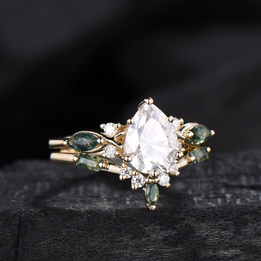 Vintage Pear Shaped Lab Grown Diamond Engagement Ring Set Marquise Moss Agate Wedding Ring Set