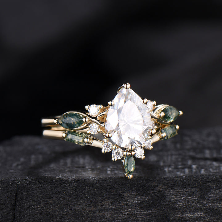 Vintage Pear Shaped Lab Grown Diamond Engagement Ring Set Marquise Moss Agate Wedding Ring Set
