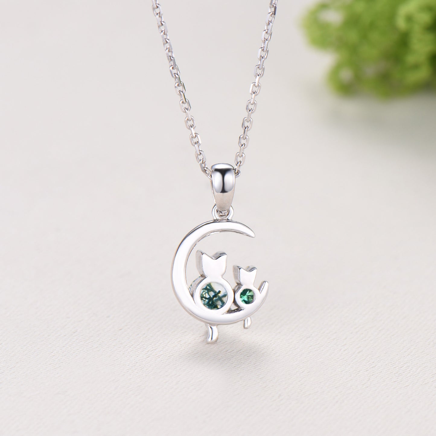 Dainty cat moss agate necklace silver white gold moon family green emerald pendant personalized Fine Jewelry