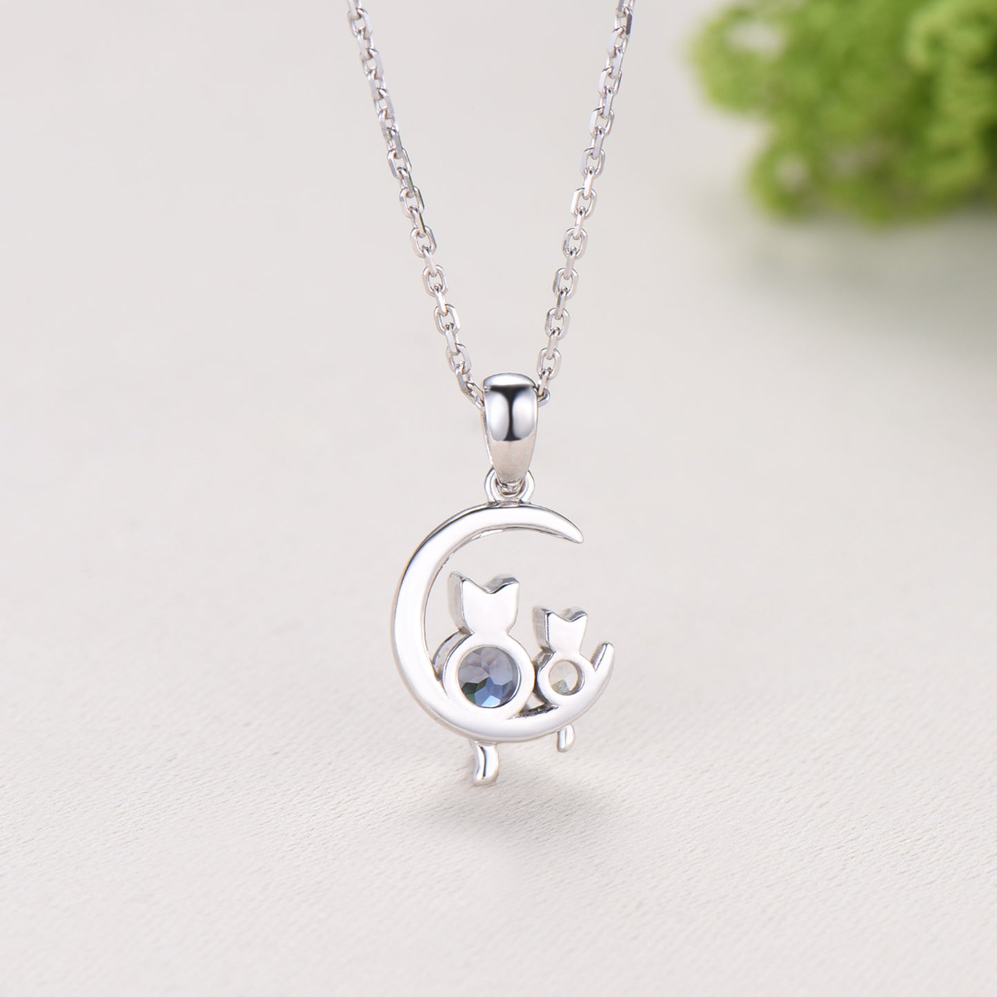 Dainty cat alexandrite moonstone necklace cute silver white gold moon family pendant personalized Two cats lying on the moon rocking chair