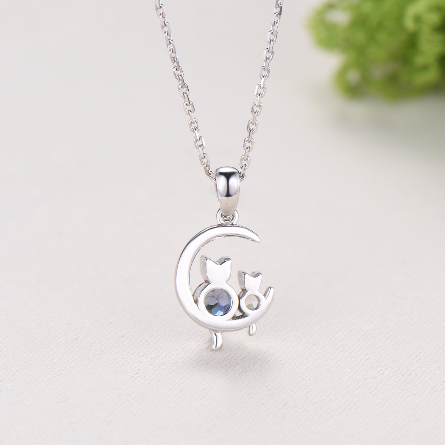Dainty cat alexandrite moonstone necklace cute silver white gold moon family pendant personalized Two cats lying on the moon rocking chair