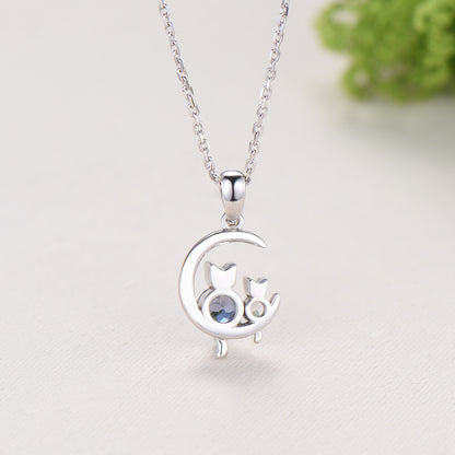Dainty cat alexandrite moonstone necklace cute silver white gold moon family pendant personalized Two cats lying on the moon rocking chair