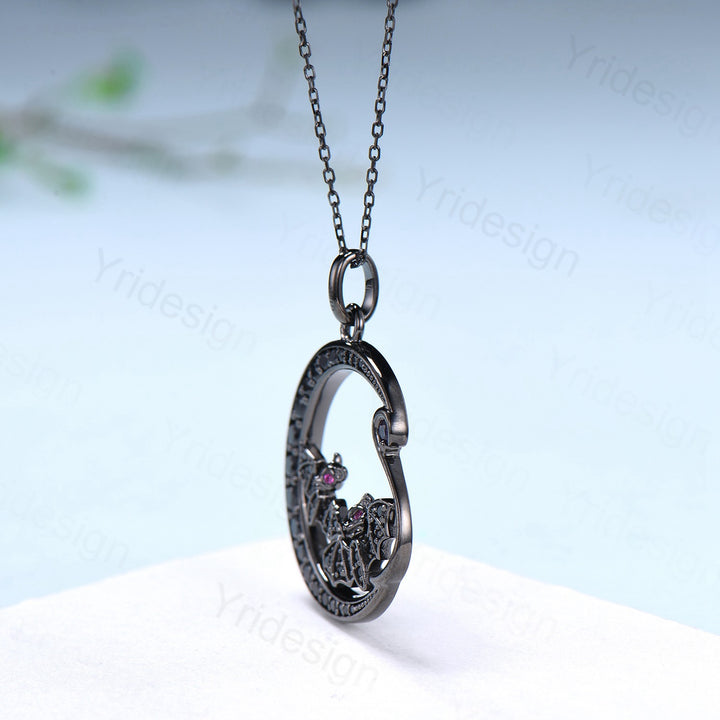 Unique Black Gold Night Moon Bat Gothic Pendant Necklace Magic Crescent Moon Amethyst Black Spinel Necklace Halloween Anniversary gift Women - PENFINE