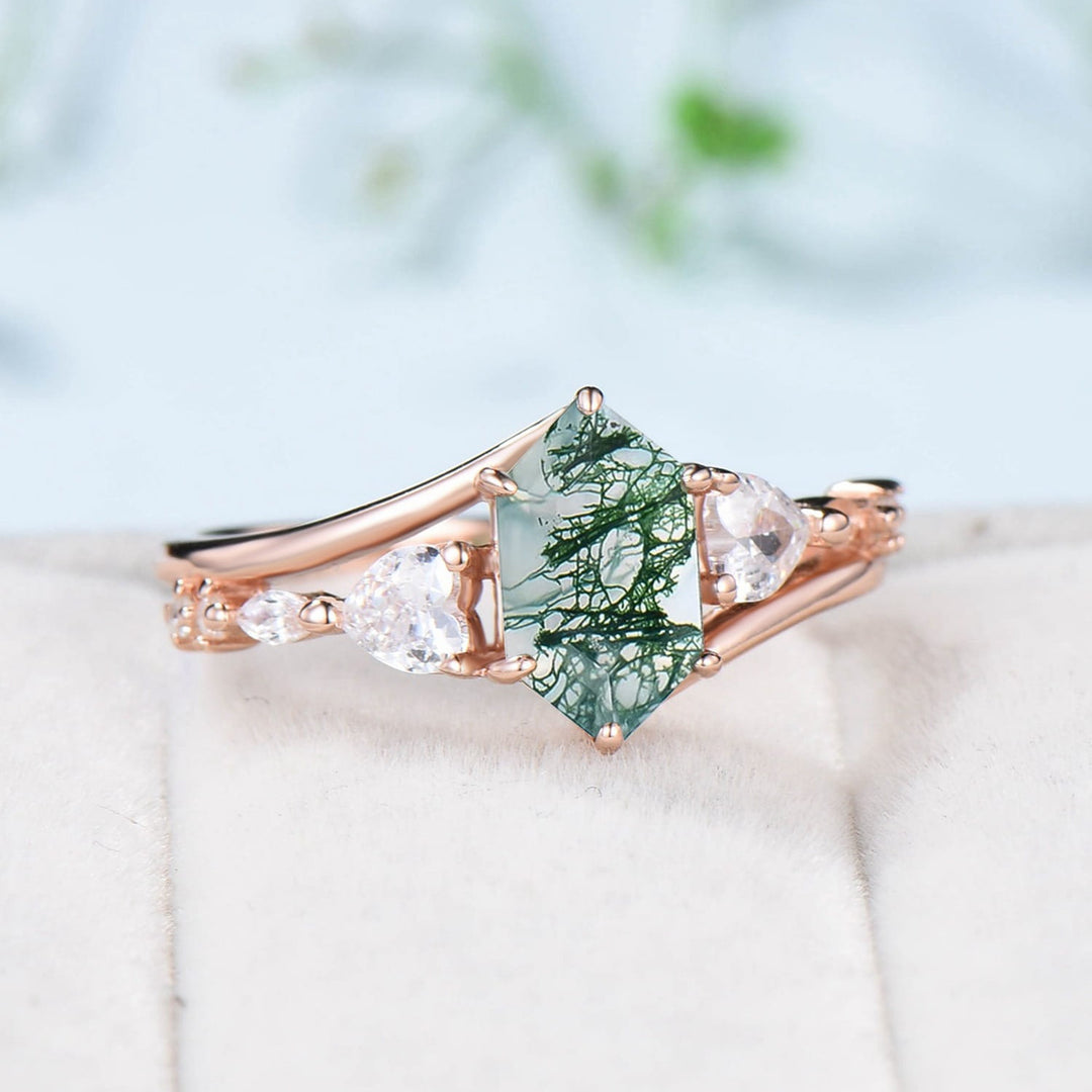 Unique Long hexagon cut moss agate ring Vintage Green Agate engagement ring Heart moissanite Infinity wedding ring proposal gifts for women - PENFINE