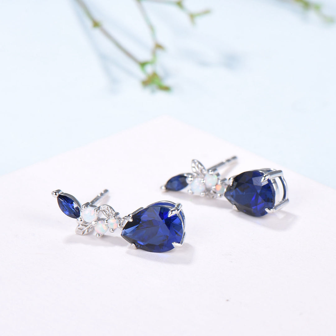 Nature Inspired Pear Shaped Blue Sapphire Earrings Leaf Stud Earrings Silver Vintage Unique Opal Earrings Handmade Anniversary Promise Gift - PENFINE