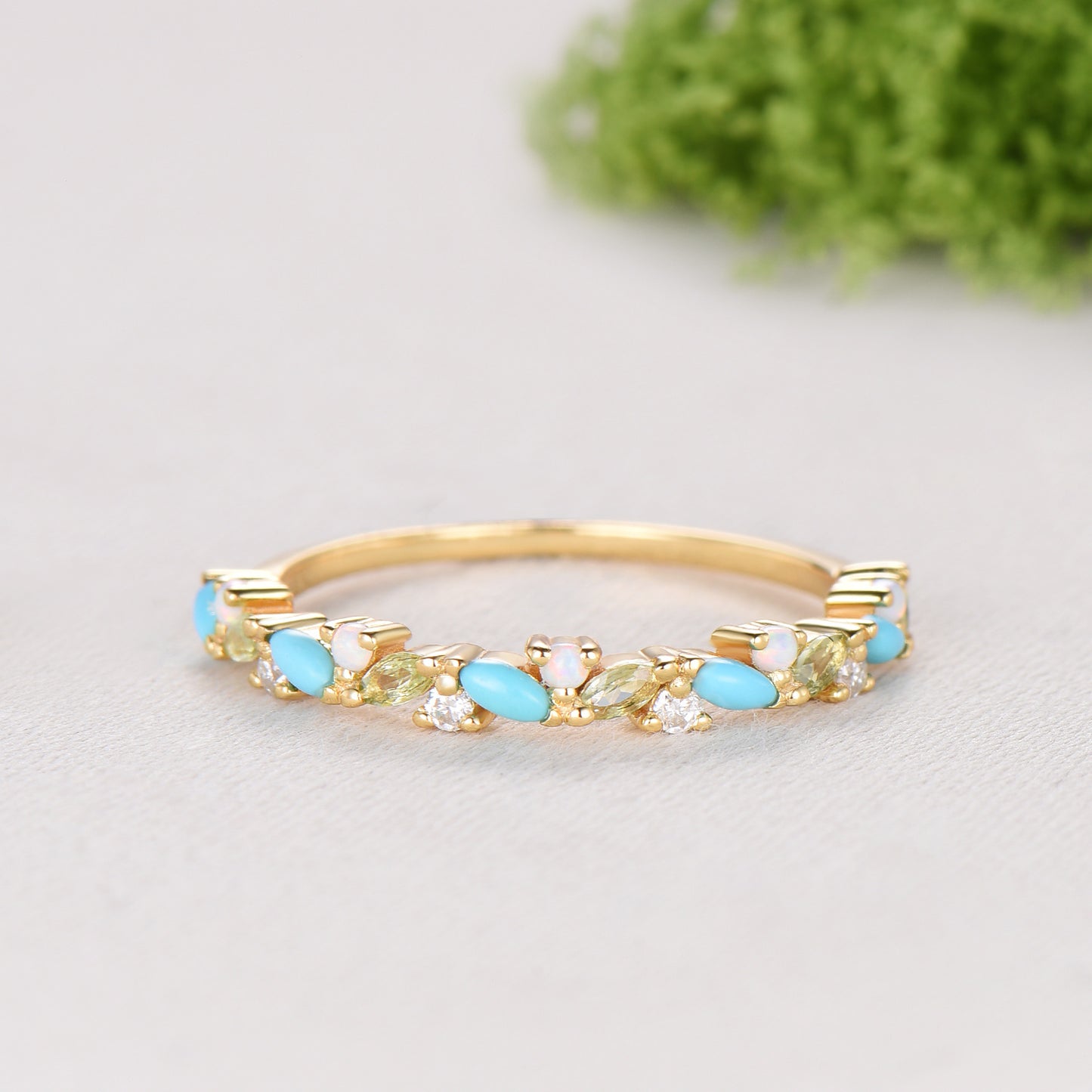 Vintage Yellow Gold Turquoise Opal Wedding Band, Peridot Moissanite Stacking Ring