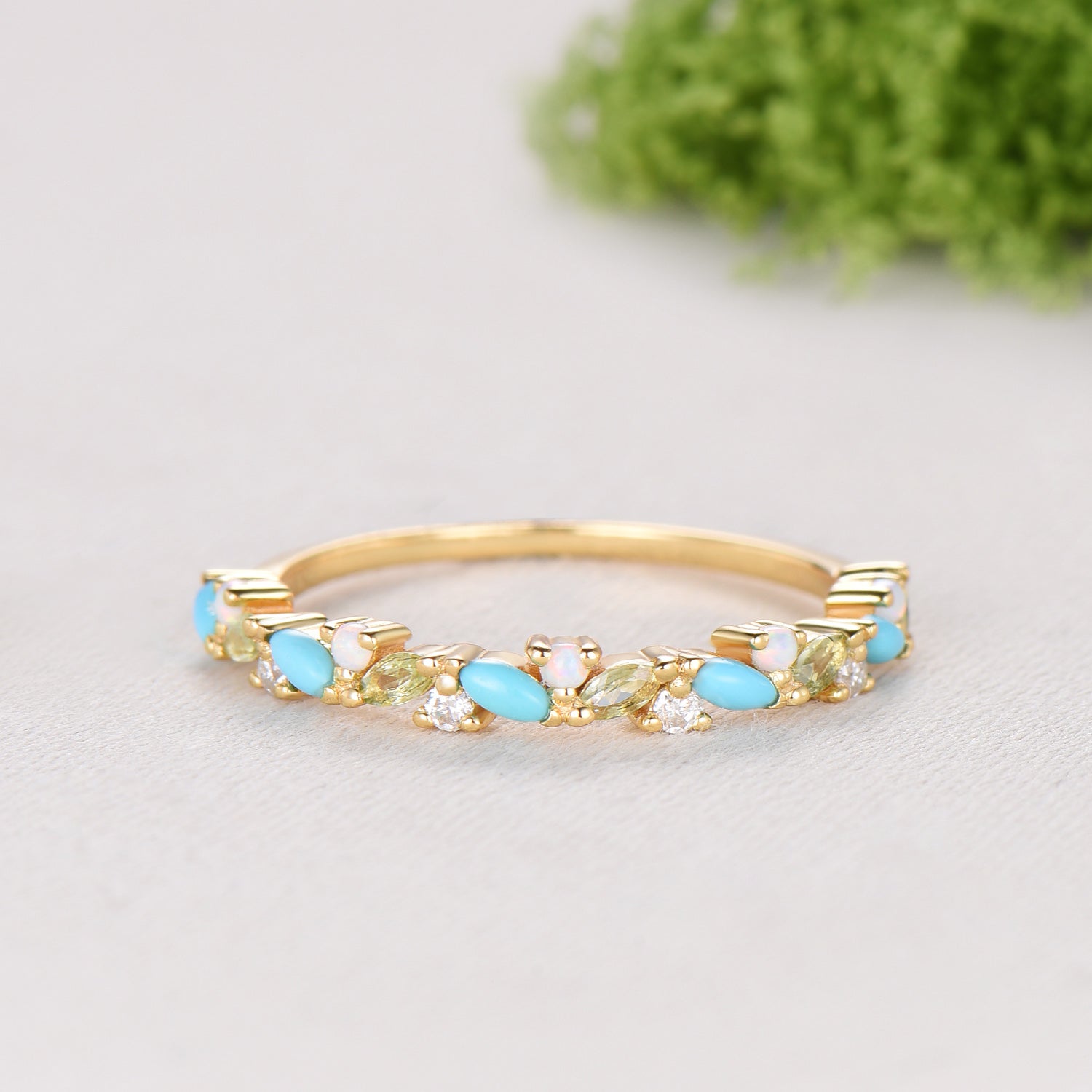 Vintage Yellow Gold Turquoise Opal Wedding Band, Peridot Moissanite Stacking Ring