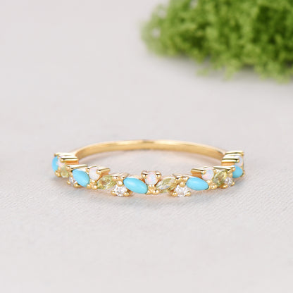 Vintage Yellow Gold Turquoise Opal Wedding Band, Peridot Moissanite Stacking Ring