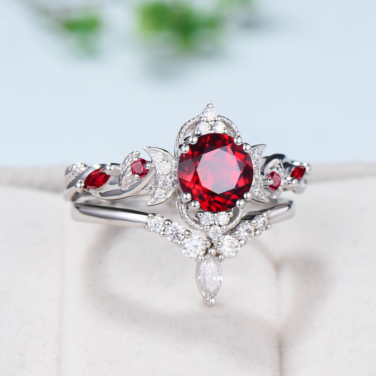 Vintage Red Ruby Engagement Ring Set Unique Leaves Nature Inspired Wedding Ring Rose Gold Art Deco Moissanite Bridal Ring Set for Women - PENFINE