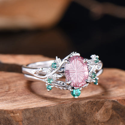 1.5CT Fantasy Cut Padparadscha Sapphire Leaf Bridal Set Emerald Nature Inspired Ring