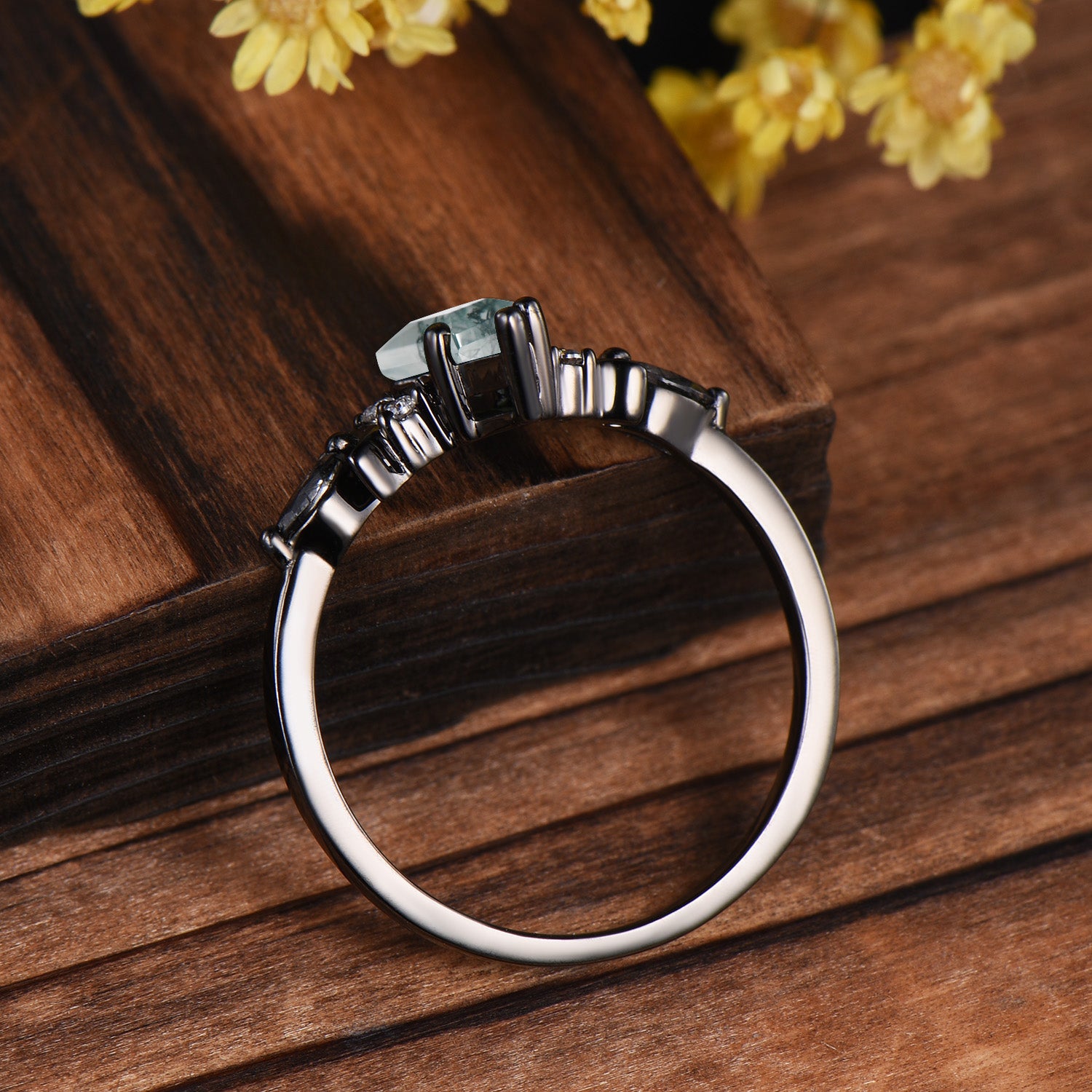 Kite Cut Moss Agate Moon Engagement Ring: Black Gold Accent Black Rutilated Quartz Band