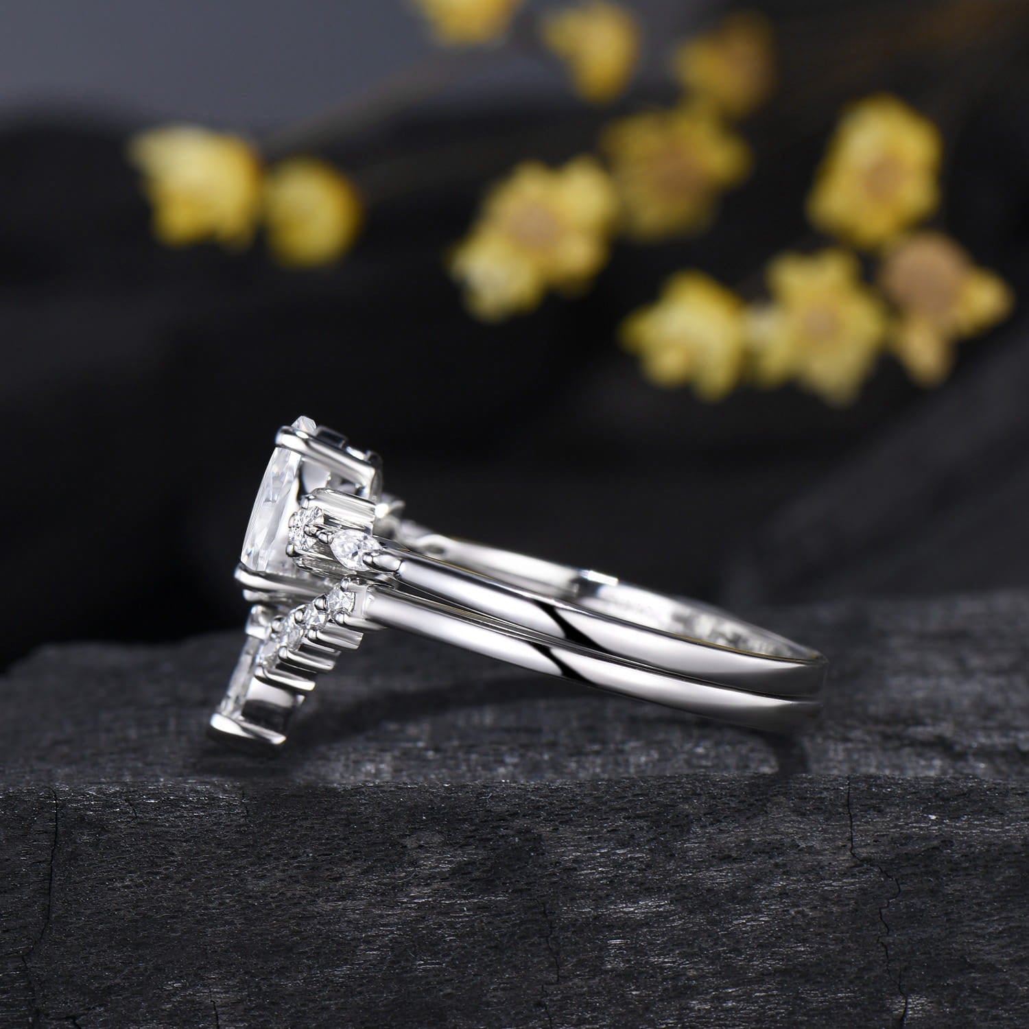 Oval Cut Moissanite Moon 5 Stone Engagement Ring Diamond White Gold Ring Set