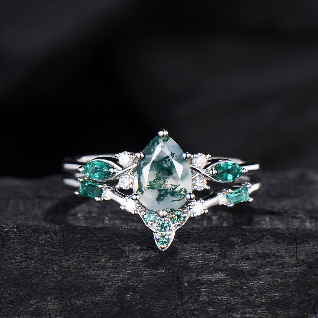 1.25 CT Pear shaped natural moss agate engagement ring rose gold infinity twisted Celtic knot Baguette cut emerald bridal ring set women
