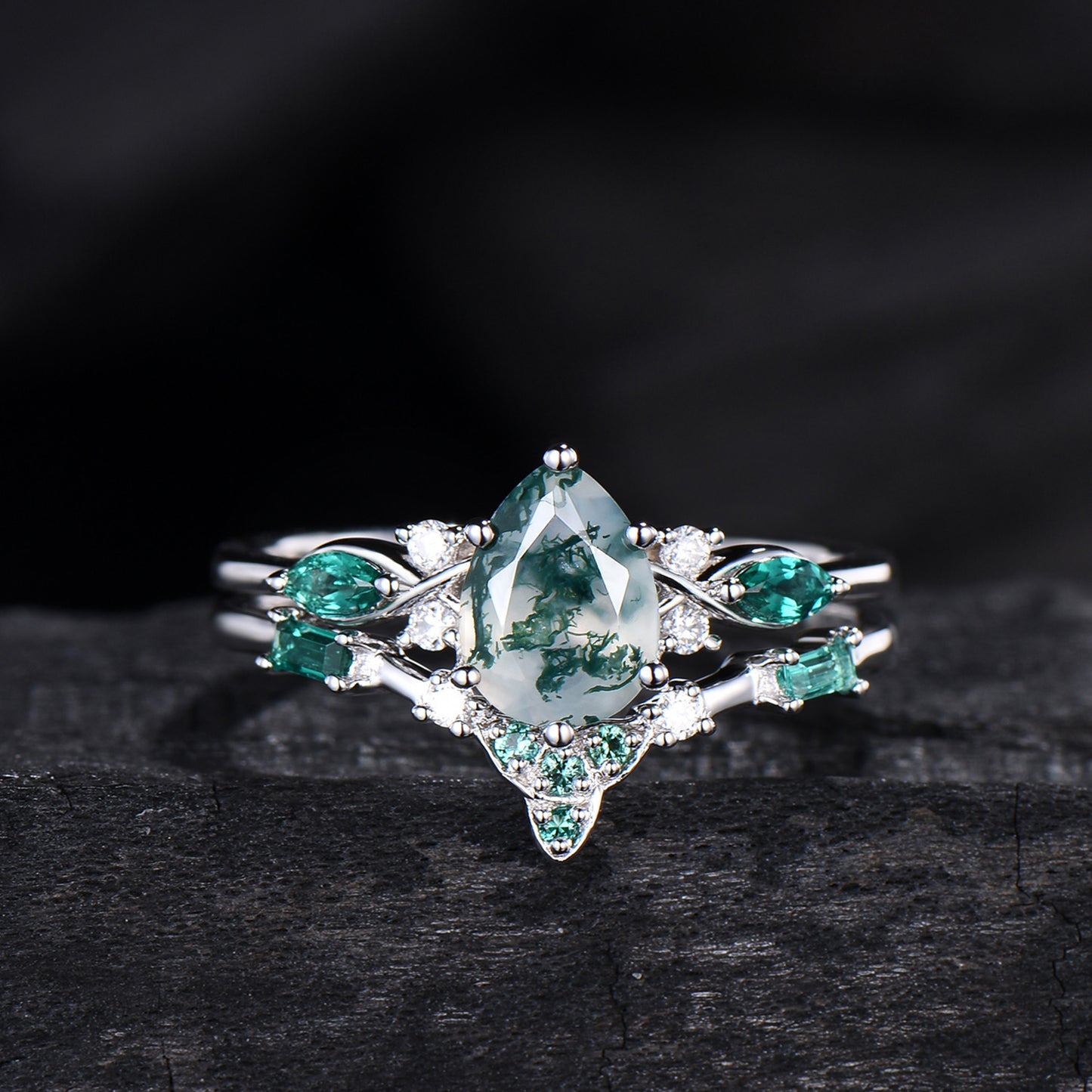 1.25 CT Pear shaped natural moss agate engagement ring rose gold infinity twisted Celtic knot Baguette cut emerald bridal ring set women