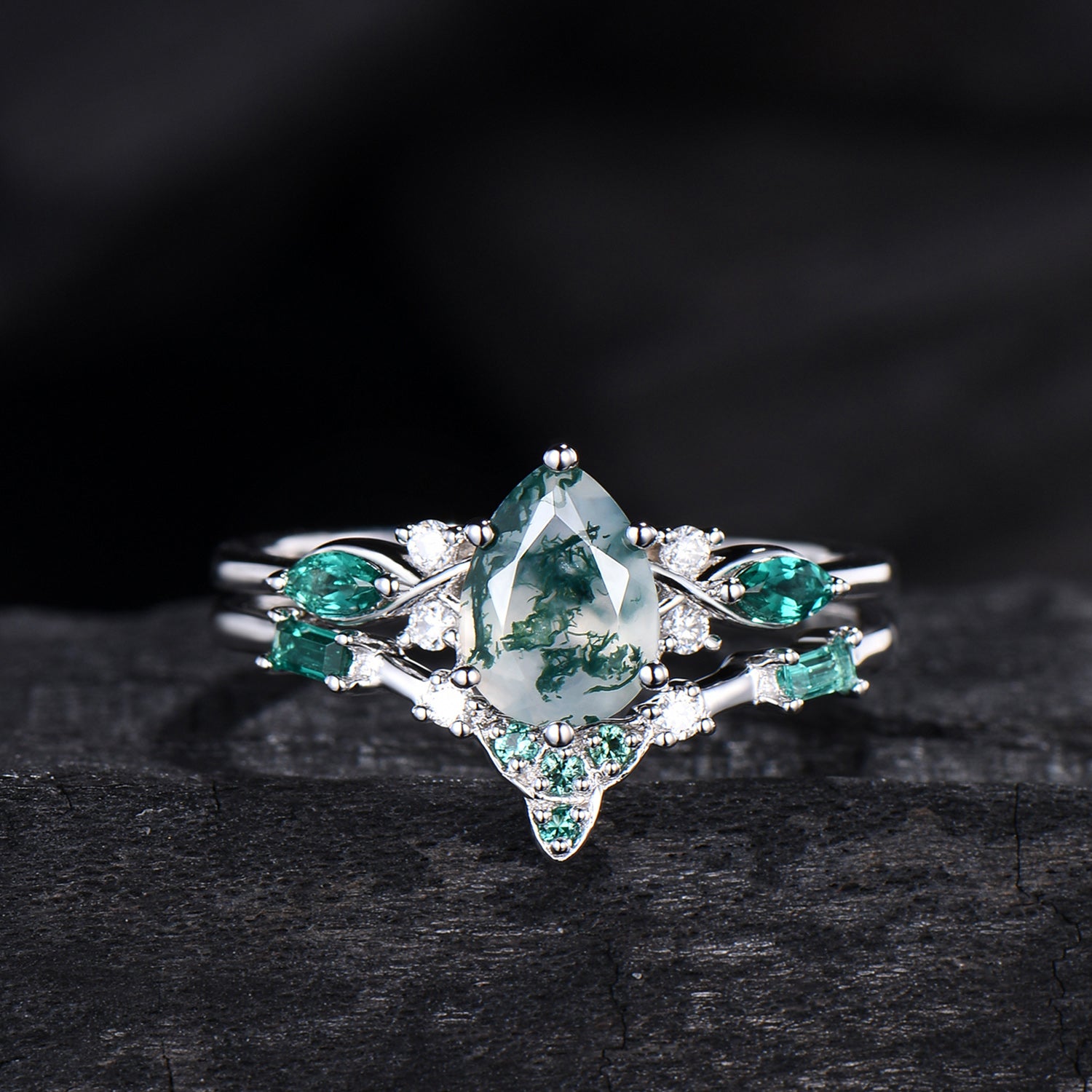 1.25 CT Pear shaped natural moss agate engagement ring rose gold infinity twisted Celtic knot Baguette cut emerald bridal ring set women