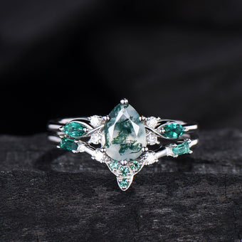 1.25 CT Pear shaped natural moss agate engagement ring rose gold infinity twisted Celtic knot Baguette cut emerald bridal ring set women