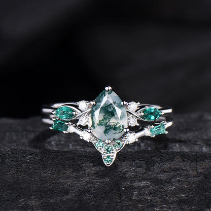 1.25 CT Pear shaped natural moss agate engagement ring rose gold infinity twisted Celtic knot Baguette cut emerald bridal ring set women