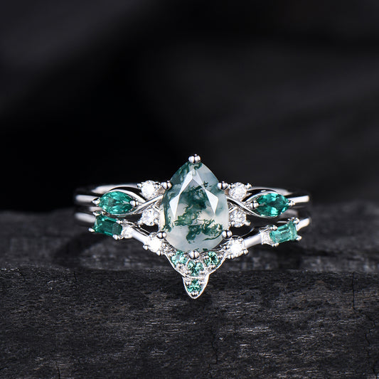1.25 CT Pear shaped natural moss agate engagement ring rose gold infinity twisted Celtic knot Baguette cut emerald bridal ring set women