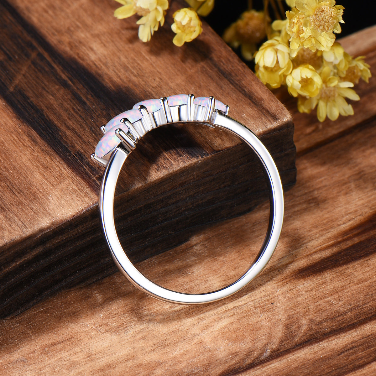 Vintage White Fire Opal Wedding Band, Curved Stacking Ring, 14K Rose Gold Five Stone