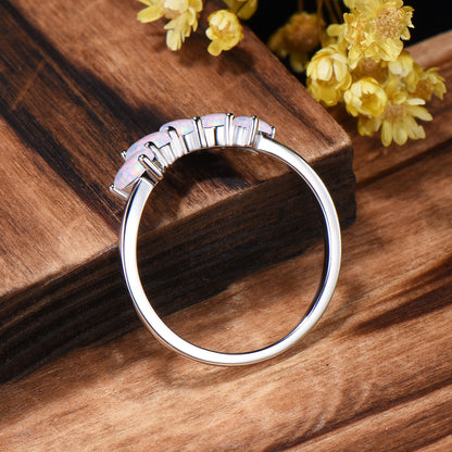 Vintage White Fire Opal Wedding Band, Curved Stacking Ring, 14K Rose Gold Five Stone