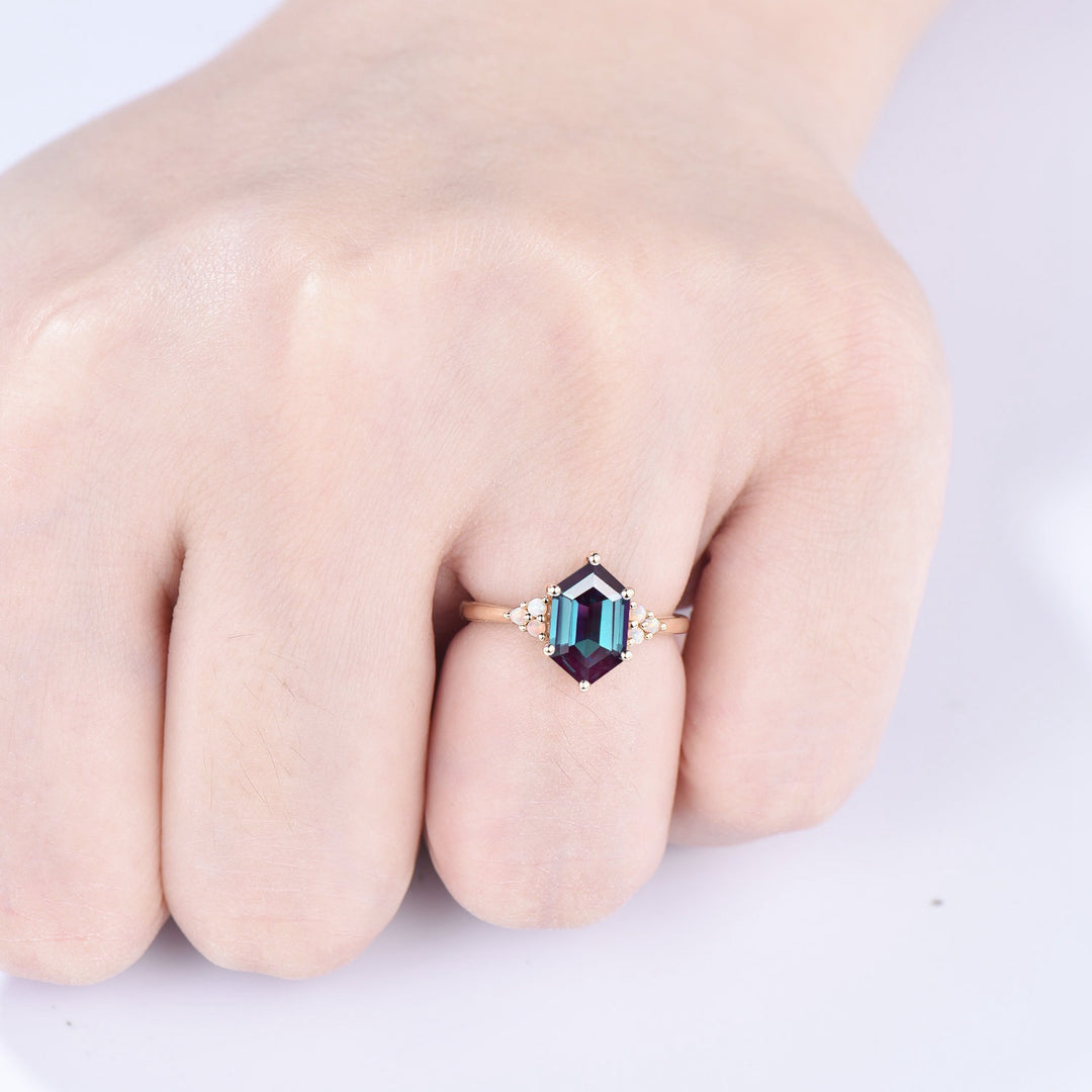 Octavia elongated hexagon alexandrite engagement ring cluster opal 14k yellow gold wedding ring for women Color change anniversary gift - PENFINE